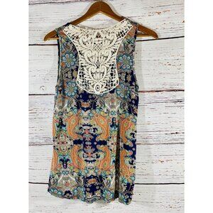 Dress Barn Tank Top Womens Petite XL Blue Orange Paisley Crochet Back Festival